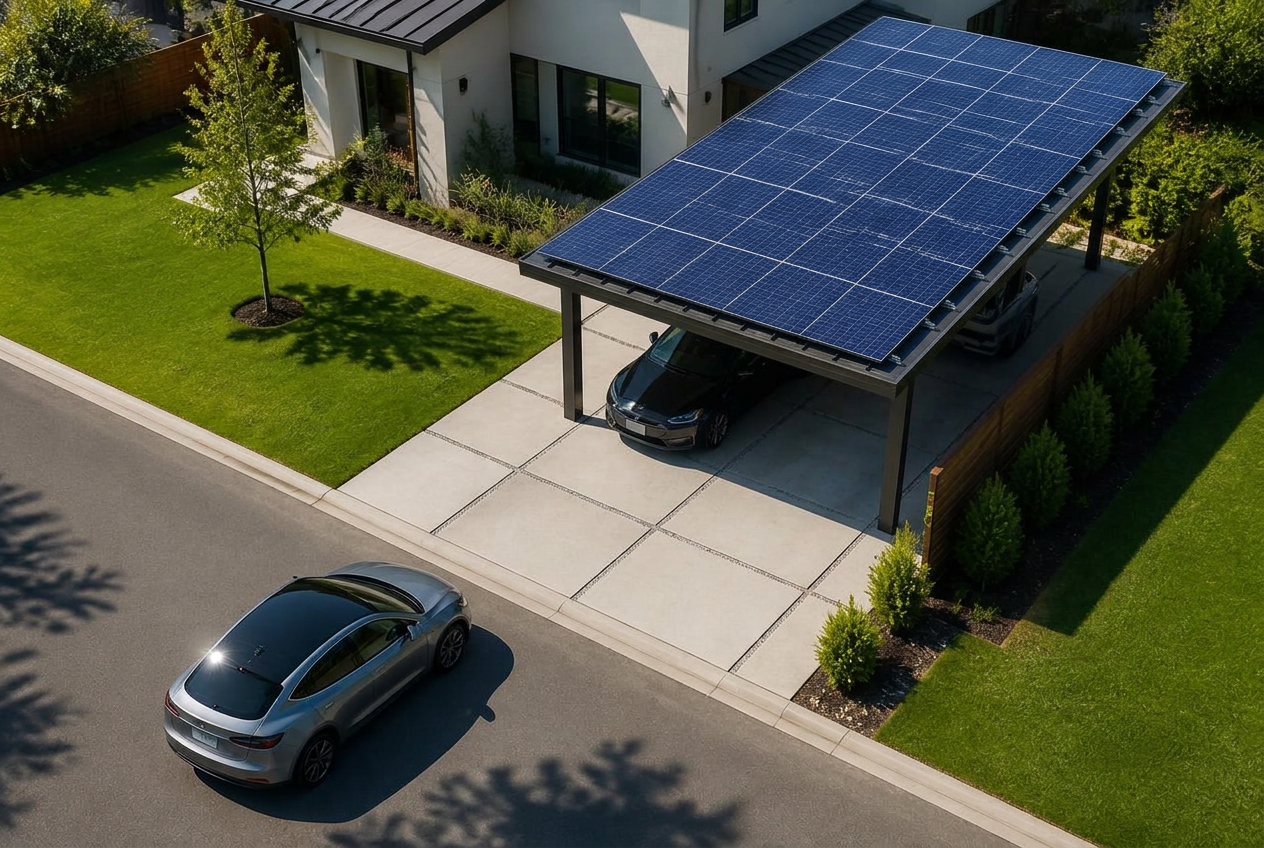 Solární carport s panely pod jedním sklonem a automobilem