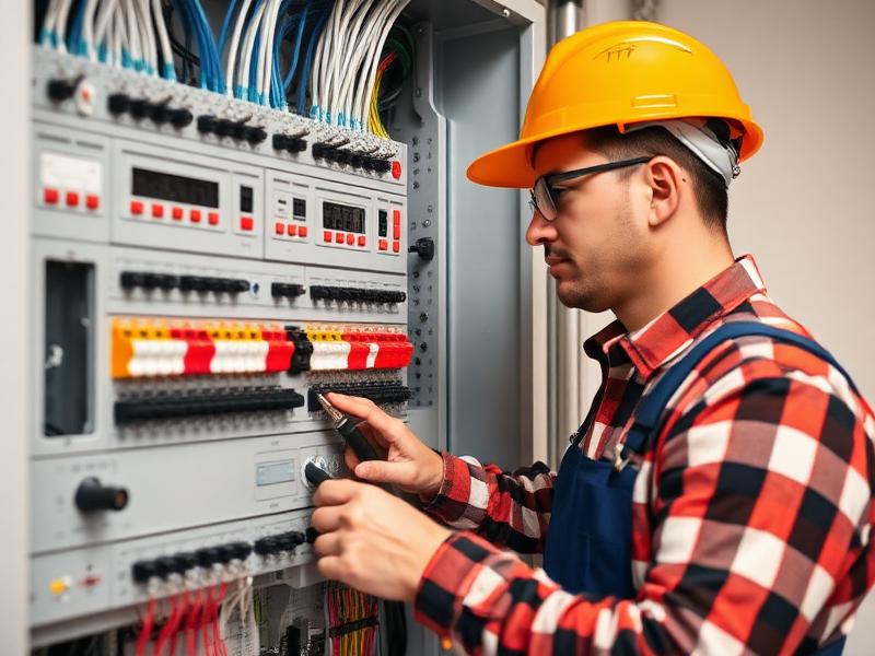 Elektrikář zapojuje vodiče v domovním rozvaděči