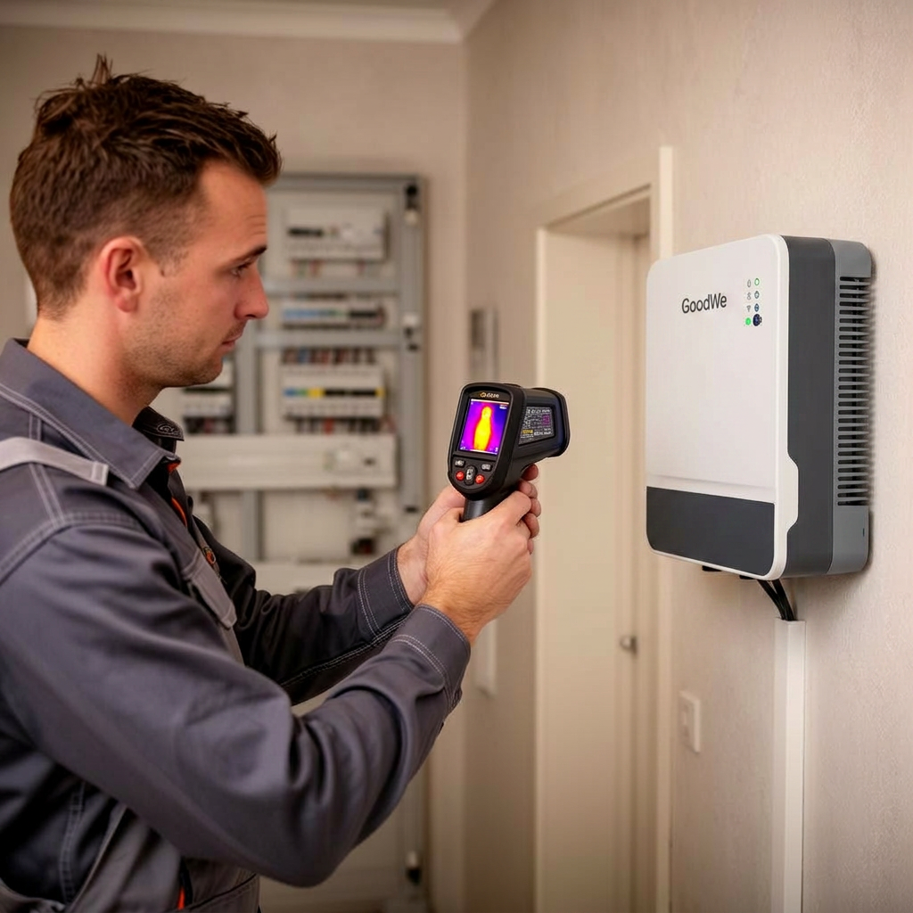 Technik měří termokamerou střídač fotovoltaické elektrárny