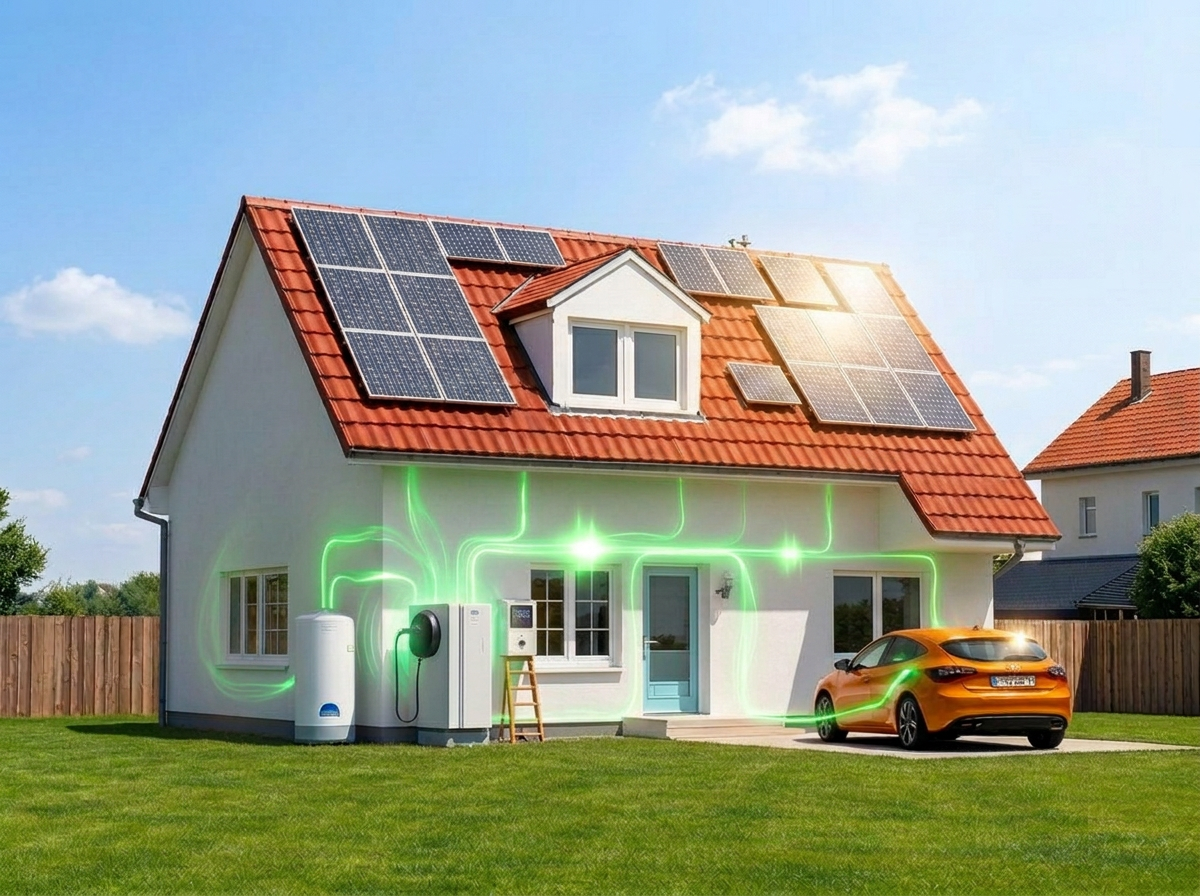 Dům s fotovoltaikou a tokem přebytečné energie do spotřebičů