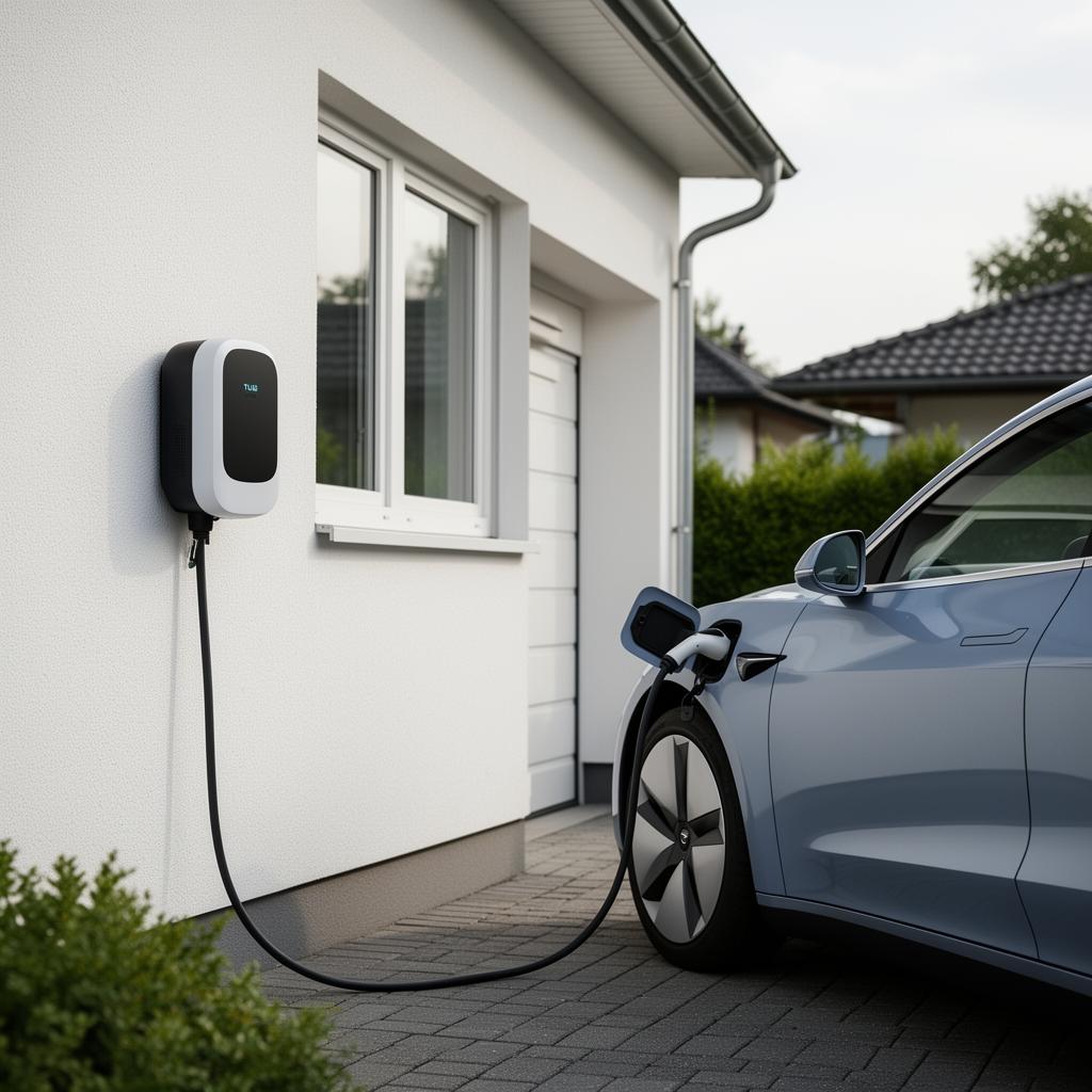 Nabíjecí stanice wallbox na stěně domu u elektromobilu